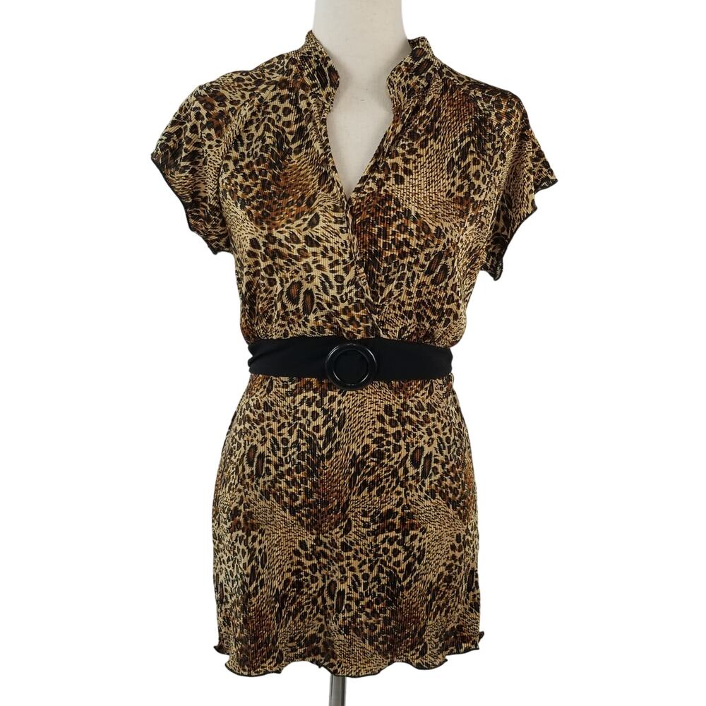 Brittany   Brown Black Gold Animal Print Vintage Pleated Tunic Top Tie Waist  M